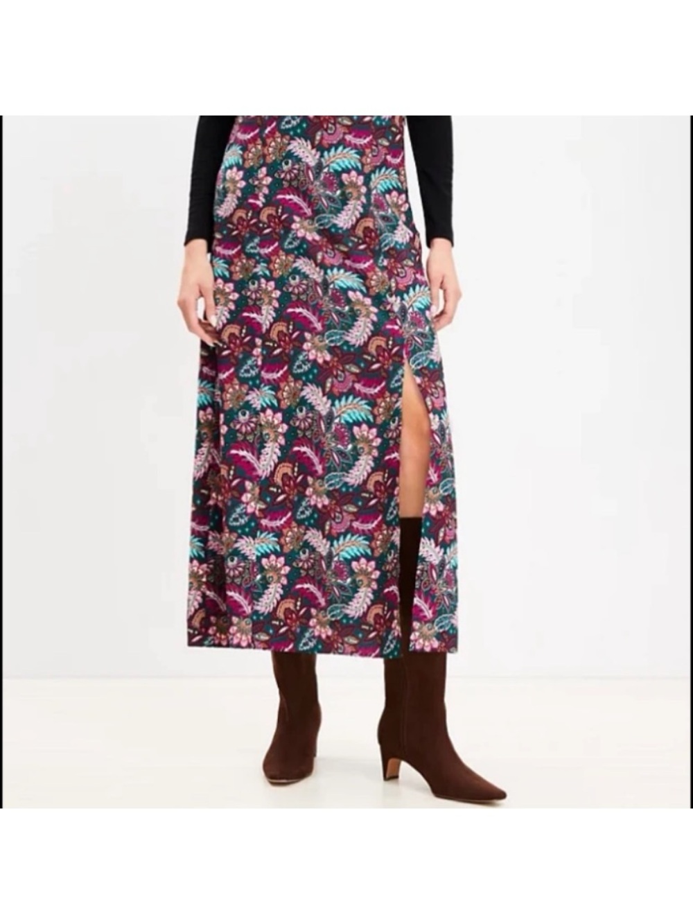 LOFT Burgundy Floral Maxi Skirt with Teal Accents and Side Slit